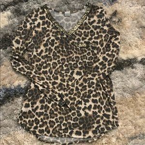 Leopard blouse with sequin V neck (Size Medium)